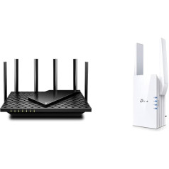 TP-Link Archer AX73 Wi-Fi 6 gigabitu WLAN maršrutētājs (4804 Mbit/s 5 GHz, 574 Mbit/s 2,4 GHz) melns & RE605X divjoslu gigabitu WLAN retranslators (1200 Mbit/s 5 GHz un 574 Mbit/s 2,4 GHz) balts Wi-Fi 6