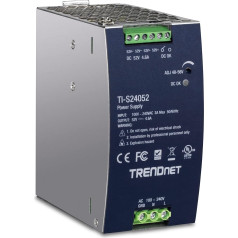 TRENDnet 240W 52V DC, 4.61A maiņstrāvas un līdzstrāvas DIN sliedes industriālais barošanas avots, iebūvēta jaudas koeficienta regulatora funkcija, ekstrēmās darba temperatūras diapazons -25° - 70°C, sudraba krāsā,