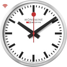 Mondaine Official Swiss Railways WiFi stop2go sienas pulkstenis, 25 cm, kvarca viedpulkstenis, minimālisma dizains, sarkana sekundes rokturis, Bluetooth istabas temperatūras displejs, sudrabots