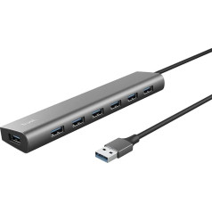 Trust Halyx 7 pieslēgvietu USB centrmezgls 3.2 Gen 1, USB sadalītājs ar USB-C strāvas pieslēgvietu, USB daudzcīļu ligzda, plāns un kompakts, 5 Gbps adaptera datu centrmezgls MacBook Pro/Air, klēpjdatoriem, piezīmjdatoriem, datoriem - pelēks