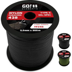 GO!elements 100 m Paracord virve no plīsumiem izturīga neilona - 3 mm Paracord 425 Type II Max. 192 kg - Virves kā āra virve, universāla virve, izdzīvošanas virve, aproce, suņa pavadas, neilona aukla.