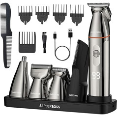 BarberBoss QR-6010 5-in-1 kopšanas komplekts vīriešiem - bezvadu bārdas trimmeris, matu trimmeris vīriešiem, deguna un ausu matiņu trimmeris, ķermeņa skuveklis un skuveklis ar 4 birstes birstēm