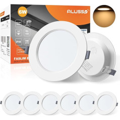 Alusso LED iegremdējamais prožektors, īpaši plakans, 6 W, 230 V, IP44, silti balts, 3000 K, iegremdējamās gaismas, LED uzstādīšanas dziļums 25,5 mm, plāns griestu prožektors vannas istabai, dzīvojamai istabai, 6 gab. komplekts