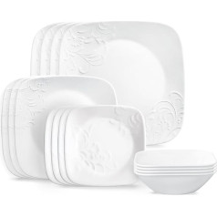 Corelle Cherish 16 gab. servīze 4 personām, 8 šķīvji, 8 bļodas, šķembu un šķembu izturīgi pusdienu šķīvji un vakariņu trauki, Corelleware šķīvji, balti