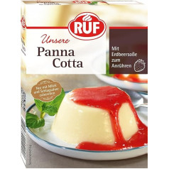 RUF Panna Cotta su braškių padažu, be virimo, greitai paruošiama itališka klasika