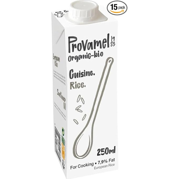 Provamel Organic Organic Organic Rice Cuisine, vārīšanas krēms, bioloģiskais rīsu produkts ēdiena gatavošanai, vegāns, UHT, 15 x 250 ml, 15 gab., iepakojums 15 gab.