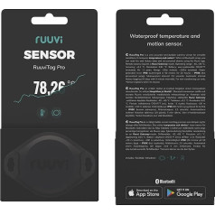 Ruuvi Tag Pro 2-in-1 bezvadu Bluetooth temperatūras (°C/°F) un kustības sensors Brīdinājumi un vēsture Bezmaksas Android/iOS aplikācijas, integrētas ar Victron, Homey un Home Assistant Ražots Eiropā