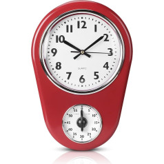 HERCHR Kitchen Time Wall Clock, Retro Retro Kitchen Clock, Kitchen Clock, Kitchen Clock, Radio-Controlled Clock, 60-Minute Timer for Home, Living Room, Red