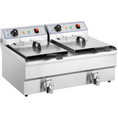 Royal Catering RCSF-16DTH Elektriskā fritēze ar dubulto komerciālo tauku fritēzi (2 x 16 L, 2 x 6.000 W, 380 V strāva, iztukšošanas ierīce, 2 strāvas pieslēgumi) Nerūsējošais tērauds