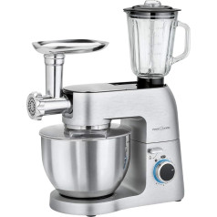 ProfiCook PC-KM 1189 3-in-1 mīcīšanas mašīna, mikseris un gaļas maļamais aparāts vienā, ciets lietais alumīnija korpuss ar 1500 W jaudu, 8 ātruma līmeņi, profesionāla metāla pārnesumu kārba, sudraba krāsā