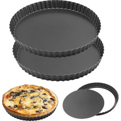 HAKZEON 2 Pack 24.5cm Non Stick Removable Quiche Dish Fluted Loose Bottom Quiche Tray for Baking Quiche Cake Flans Cheese