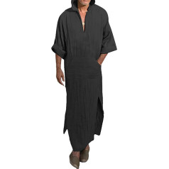 YAOHUOLE Men's V-Neck Kaftan with Side Split, Short Sleeve Cotton Robe with Pockets, 03 Black, m