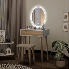 Fullwatt Dressing Table with Lighting and Mirror, with 3 Colours LED Lighting, Drawer, Padded Stool and Makeup Organiser, Oak Oval Oak (Oval Oak)