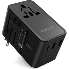 45 W ES / ASV / AUS / Apvienotās Karalistes ceļojuma lādētāja adapteris ar integrētu USB-C kabeli - melns