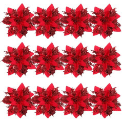 NUOBESTY 12 Pack Glitter Poinsettia Ziedi Ziemassvētku eglītes rotājumi Ziemassvētku vainags Puses rotājumi Ziemassvētku pusei Piekaramais ziedu rotājums