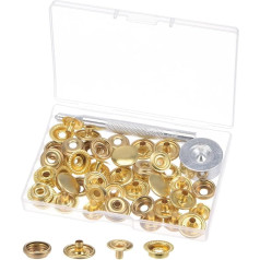 12 komplekti Druckknöpfe komplekts 3/5 Zoll 15 mm Metall Druckknöpfe Knöpfe mit 2 Werkzeugen und Aufbewahrungsbox für Kleidung Leder Nähen, zelta krāsā