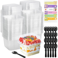 LPAMABA 50 deserta krūzīšu komplekts ar vāciņiem un karotītēm, 240 ml, plastmasas krūzes, kvadrātveida deserta krūzīšu komplekts, deserta bļodas, daudzkārt lietojamas servēšanas bļodas ar autokolantu pudiņa putām