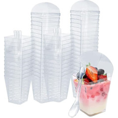 MIVIDE Deserta glāzes ar 100 vāciņiem un 100 karotītēm, 150 ml/5 oz deserta glāzes, plastmasas, kvadrātveida deserta glāzes ar vāciņiem deserta ballītei, pudiņam, putām, saldējumam, 100 gab. iepakojumā