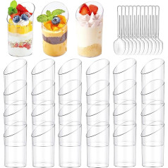 Mini-Dessertbecher, 75 ml, abgewinkelte Desserttassen, Dessertschalen, einzelne Desserttöpfe, wiederverwendbar, schräg, Vorspeisen-Becher mit Löffeln für Party, Joghurt, Parfait, Puding