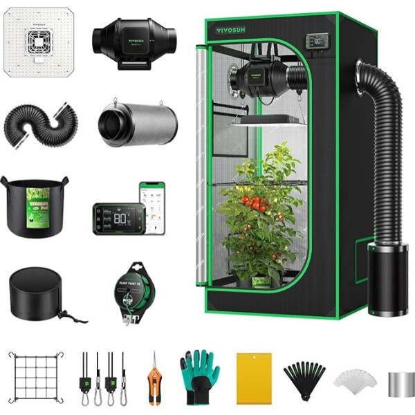 VIVOSUN GIY GIY Smart Grow Tent sistēma 60 cm x 60 cm x 120 cm, WiFi integrēta audzēšanas telts komplekts ar automātisko ventilāciju un cirkulāciju, 100 W pilna spektra LED audzēšanas gaismu un GrowHub E42A