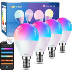 Lepro AI viedā spuldze BP1, G45 E14 LED spuldze, 4,9 W 470LM RGB+CCT, mākslīgā intelekta gaismas dizaina asistents ar balss vadību/mūzikas sinhronizāciju, saderīga ar Alexa/Google, WiFi un Bluetooth, 4 gab. komplektā