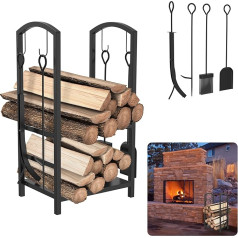 MAYTIIMO Firewood Rack with 4 Fireplace Tools, Firewood Rack, Wrought Iron Wood Shelf for Indoor and Outdoor Use, 2 Levels, Firewood Stand, Wooden Shelf for Fireplace, Stove, Black