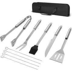 Grilēšanas piederumu komplekts, nerūsējošā tērauda grilēšanas rīki āra grilam, grilēšanas piederumi ar knaiblēm, lāpstiņu, suku, nazi, dakšiņu, dakšiņu, iesmiņu un uzglabāšanas maisiņu, grilēšanas dāvanas vīriešiem, 6 gabaliņ