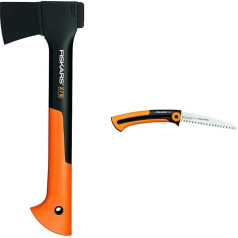 Fiskars universālais cirvis ar asmeni un transportēšanas aizsardzību, garums: 35,5 cm, nesadalāms pārklājums, melns/apelsīnu krāsā, X7-XS, 1015618 & rokas zāģis svaigai koksnei, ar rupjiem zobiem, 16 cm, melns/apelsīnu krāsā