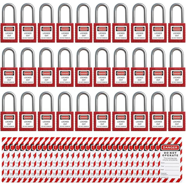 Boviisky Assorted Lockout Locks 30 Sets Red Lockout Tagout Kit Drošības slēdzene Plastmasas atslēga 2 atslēgas katrai slēdzenei Slēdzenes ar Lockout Tagout etiķetēm