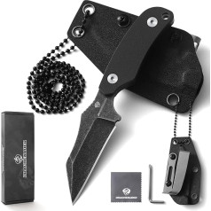 DRACHENADER X-WH Neck Knife Small, Wharncliffe D2 tērauda fiksētais 7,6 cm asmens, pilnstienis ar Kydex makstu, lodīšu ķēdi un jostas klipsi, Blackwash apdares asmens + G10 rokturis, melns