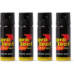 4 piparu aerosola iepakojums Protect Anti-Dog Direct Jet 50 ml KO aerosols dzīvnieku atbaidīšanas aerosols pašaizsardzībai kairinošs aerosols ar dažādām izsmidzināšanas variācijām