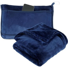 TRAVE Blanket 2-in-1 Soft Flannel Plane Blanket Warm Driving Blanket Cushet Cankion with Luggage Strap and Buckle Portable Compact Flight Blanket for Cars Planes Camping 63 x 39 Inches (Navy)