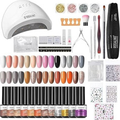 ROSALIND Gēla nagu lakas sākumkomplekts ar UV lampu 48 W gēla nagu komplekts Shellac Kit, 28 x mini gēla lakas, modes nagu mākslas manikīra nagu gela komplekts ar bāzes un virsējo matētu pārklājumu