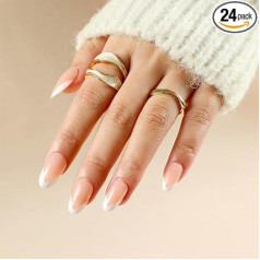 Kaichen French Tip Glue-On mākslīgie nagi, balti/balti, vidēja izmēra, ietilpst 24 nagi, 24 līmlapiņas, 1 manikīra stienīte, 1 mini filmiņa