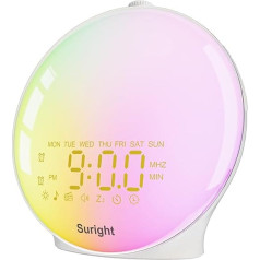 Suright Light modinātājs, dienas gaismas modinātājs, modinātājs ar gaismas modinātāju, saullēkta un saulrieta imitācijas modinātājs Radio modinātājs 15 dabas skaņas 2 modinātāji Snooze 18 krāsu gaisma 20 spilgtuma nakts lampa