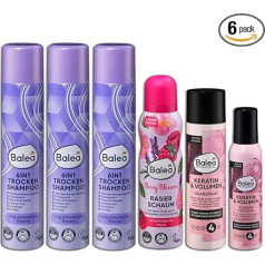 Balea sausais šampūns 3 x 200 ml Termoaizsardzība un UV filtrs - Skūšanās putas Berry Blossom, 150 ml - Keratin & Volume, 250 ml - Putojošas putas Keratin Volume, 150 ml 6 gab. komplekts