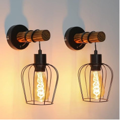 ZMH Retro sienas lampa Koka iekštelpu sienas lampa ar 1 spuldzīti Vintage lampa ar industriālu dizainu un slēdzi, izgatavota no metāla un koka - režģa izskats - melna - ligzda: E27 - spuldze nav iekļauta komplektā