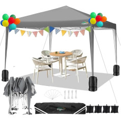 COBIZI Gazebo 3 x 3 m Ūdensizturīga pop up lapene 3 x 3 saliekama saliekama lapene Dārza lapene Svētku telts Saliekama telts 3 x 3 augstuma regulējama alus telts ar 4 smilšu maisiem (pelēka)