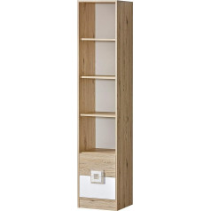 Minio Go For It NIMES 6 grāmatu plaukts, 40 x 190 x 40 cm, plaukts ar 2 atvilktnēm, grāmatu plaukti ar 3 plauktiem, laminēta kokskaidu plātne, stāvplaukts, lodīšu gultņu vadotnes, plastmasas rokturi, gaišs ozols / balta