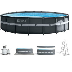 Intex wi 18 pēdu x 48 collu apaļš Ultra XTR metāla rāmja peldbaseins ar smilšu filtru, kāpnēm, pārsegu un zemes audumu, ar rūpnīcā uzstādītu Apvienotās Karalistes 3 kontaktu kontaktdakšu, pelēks