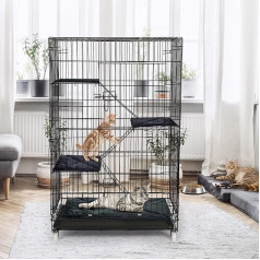 ybaymy Liels kaķu būris ar 4 līmeņiem, salokāms kaķu būris ar 360 rotējošiem riteņiem, kāpnes, balkons, iekštelpās, ārā, metāla būris 1-3 kaķiem, 90 x 55 x 125 cm