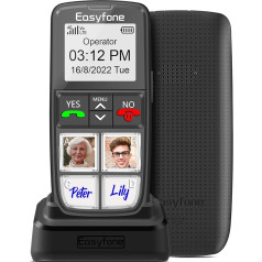 Easyfone Prime-A5 mobilais tālrunis ar lielo pogu bez līguma, GSM modelis vecāka gadagājuma cilvēkiem, ar avārijas izsaukuma pogu, lukturīti un uzlādes staciju uz galda, apgaismotu krāsu displeju, FM radio, A2