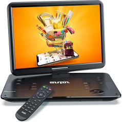 SUNPIN 17,9 collu portatīvais DVD atskaņotājs ar 15,6 collu HD grozāmu ekrānu, stereo skaļruni un dubulto austiņu ligzdu, 6 stundu uzlādējams akumulators, atbalsta TV/USB/SD kartes sinhronizāciju, melns
