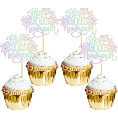 Gyufise 24 gabali 2025 Happy New Year Cupcake Toppers Glitter Hello 2025 Fireworks Cupcake Picks for Welcome 2025 Happy New Year's Eve Cake Decorations Party Supplies Laser Silver