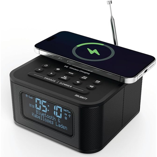 MAJORITY Knapton nakts radio ar Bluetooth, 15 W bezvadu uzlādi un USB uzlādi, DAB+ un FM, skaļu dubulto modinātāju, miega un snaudas funkciju, lielu, izgaismotu LCD displeju ar apgaismojumu