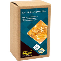 Idena 8582052 LED pasaku gaismas ar 20 LED diodēm silti baltā krāsā, ar 6 stundu taimera funkciju, darbināmas ar baterijām, aptuveni 1,8 m garas, izmantošanai iekštelpās, kā dekorācija ballītēm, Ziemassvētkiem, kāzām