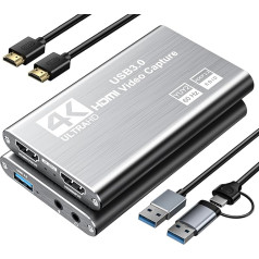 Video ierakstīšanas karte, USB 3.0 Capture Card 4K HDMI Loop-Out, 1080P 60FPS/2K 30FPS video spēļu ierakstīšana PS5/Switch/Kamera/PC