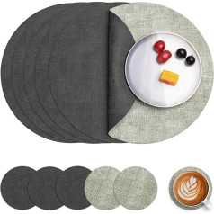 Myir JUN Mazgājami ādas paliktņi un paliktnīši, abpusējs galda paliktnis, apaļš, diametrs 36 cm, 6 neslīdošu stikla paliktņu komplekts, galda paliktņi, ādas mākslīgās ādas paliktņi (pelēki zaļš, 6 komplekti)