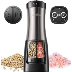Sangcon 2-in-1 elektriskā sāls un piparu dzirnaviņas, ar akumulatoru darbināmas sāls un piparu dzirnaviņas, automātiska darbība ar vienu roku, ar apgaismojumu, regulējams keramikas dzirnaviņas, atkārtoti uzpildāmas
