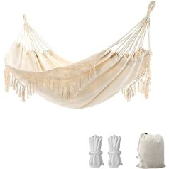 Outdoor Boho Hammock for 2 People, Load Capacity up to 204 kg, Portable with Carry Bag for Patio, Garden, Yard, Indoor - Beige